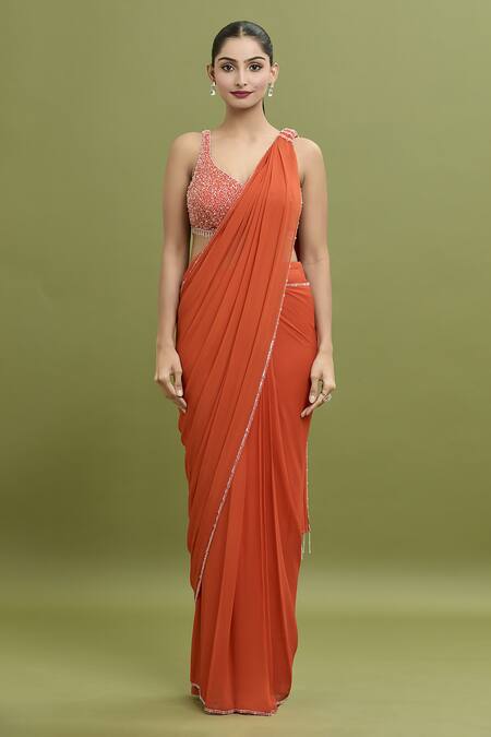 Arpan Vohra_Coral Georgette Beads, Sequins Embroidered Hem Pre-draped Saree With Blouse _Online_at_Aza_Fashions