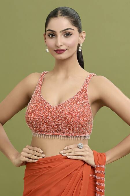 Arpan Vohra_Coral Georgette Beads, Sequins Embroidered Hem Pre-draped Saree With Blouse _at_Aza_Fashions