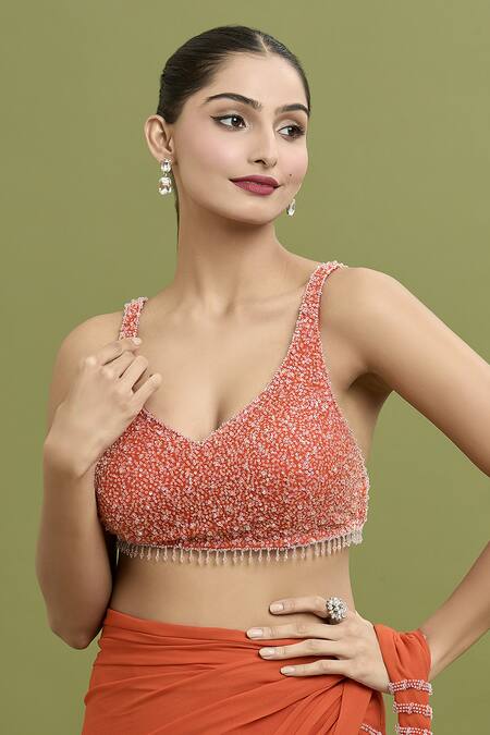 Buy_Arpan Vohra_Coral Georgette Beads, Sequins Embroidered Hem Pre-draped Saree With Blouse 