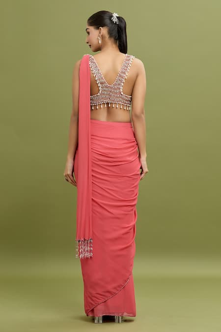 Arpan Vohra Sequin Embroidered Pallu Hem Pre-Draped Saree With Blouse 