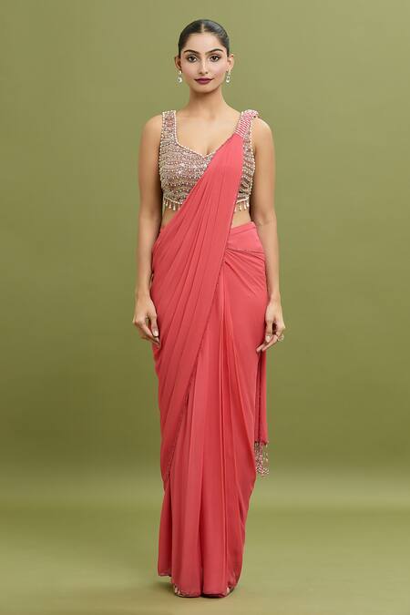 Arpan Vohra_Coral Georgette Beads, Embroidered Pallu Hem Pre-draped Saree With Blouse _Online_at_Aza_Fashions