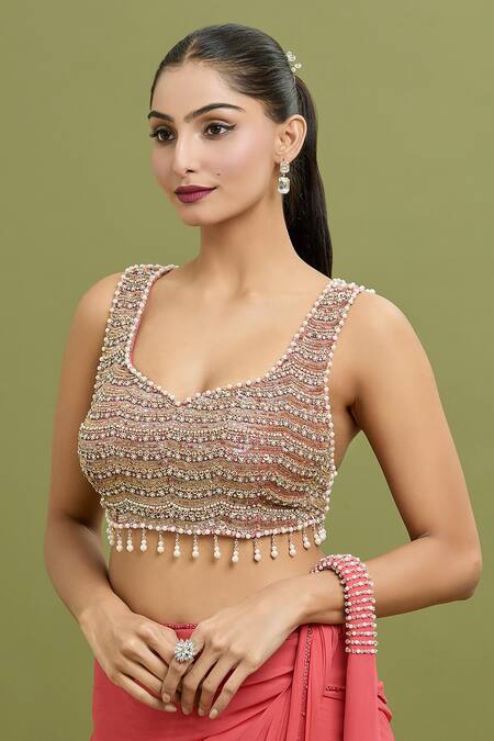 Arpan Vohra_Coral Georgette Beads, Embroidered Pallu Hem Pre-draped Saree With Blouse _at_Aza_Fashions