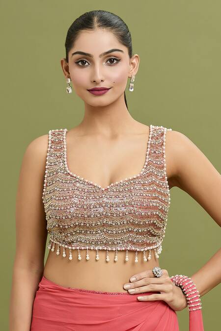 Buy_Arpan Vohra_Coral Georgette Beads, Embroidered Pallu Hem Pre-draped Saree With Blouse 