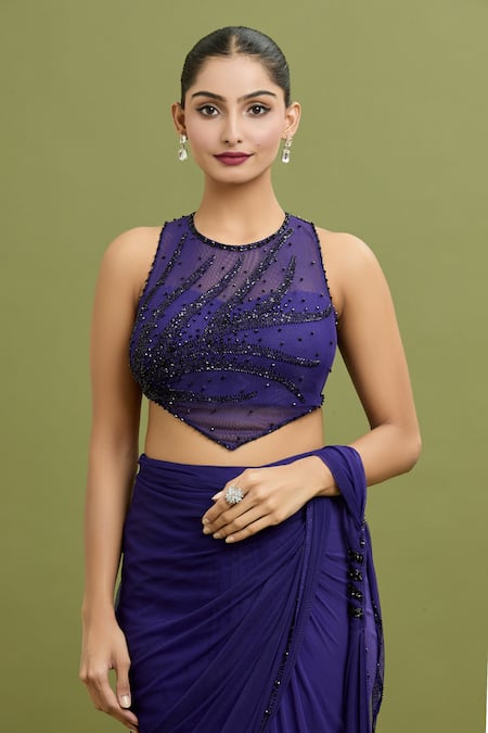 Shop Arpan Vohra Blue Georgette Cutdana Embroidered Waterfall Pallu Pre-draped Saree With Blouse Online at Aza Fashions Shop_Arpan Vohra_Blue Georgette Cutdana Embroidered Waterfall Pallu Pre-draped Saree With Blouse _Online_at_Aza_Fashions