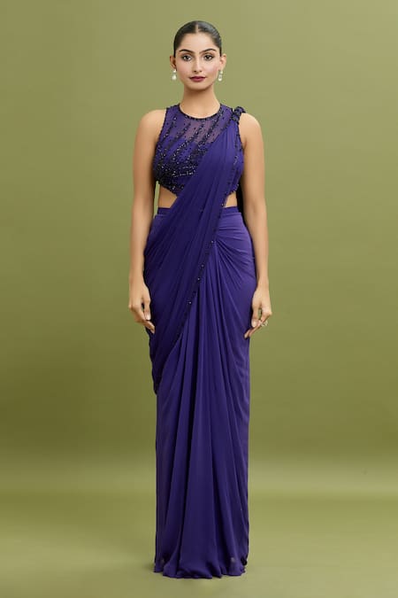 Arpan Vohra Blue Georgette Cutdana Embroidered Waterfall Pallu Pre-draped Saree With Blouse at Aza Fashions Arpan Vohra_Blue Georgette Cutdana Embroidered Waterfall Pallu Pre-draped Saree With Blouse _at_Aza_Fashions