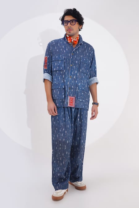 Jajaabor Blue Linen Printed Stripe Button Down Shirt And Pant Set