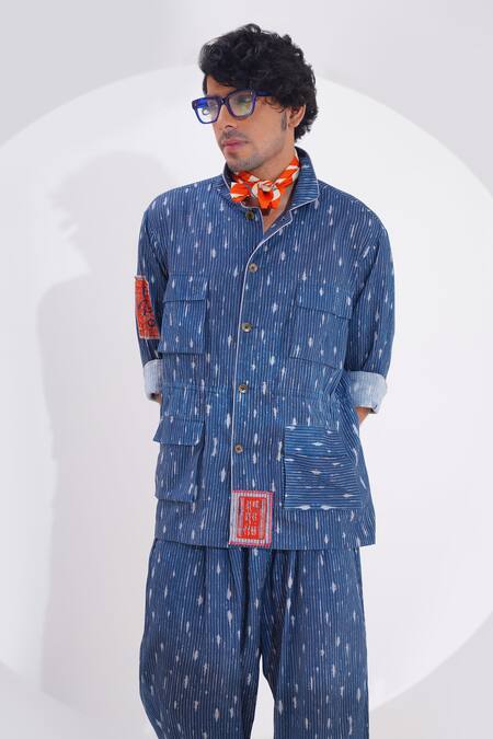 Jajaabor_Blue Linen Printed Stripe Indigo Shirt And Pant Set _Online_at_Aza_Fashions