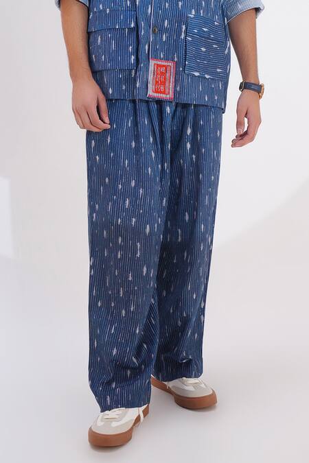 Buy Jajaabor Blue Linen Printed Stripe Indigo Shirt And Pant Set Online at Aza Fashions Buy_Jajaabor_Blue Linen Printed Stripe Indigo Shirt And Pant Set _Online_at_Aza_Fashions