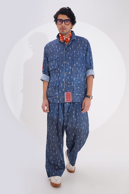 Shop_Jajaabor_Blue Linen Printed Stripe Indigo Shirt And Pant Set _Online_at_Aza_Fashions