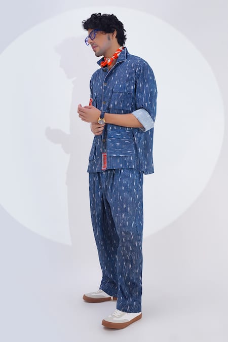 Jajaabor_Blue Linen Printed Stripe Indigo Shirt And Pant Set _at_Aza_Fashions