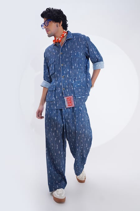 Buy_Jajaabor_Blue Linen Printed Stripe Indigo Shirt And Pant Set 