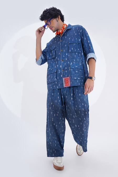 Shop_Jajaabor_Blue Linen Printed Stripe Indigo Shirt And Pant Set 