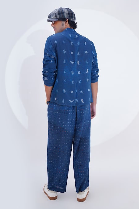 Shop_Jajaabor_Blue Linen Printed Geometric Bandhgala Jacket _at_Aza_Fashions