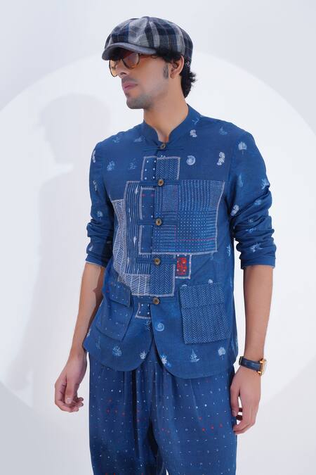 Jajaabor_Blue Linen Printed Geometric Bandhgala Jacket _Online_at_Aza_Fashions