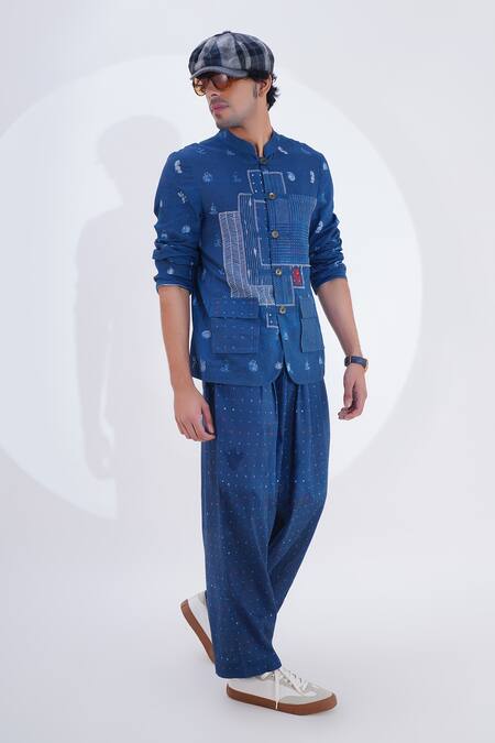 Shop_Jajaabor_Blue Linen Printed Geometric Bandhgala Jacket _Online_at_Aza_Fashions
