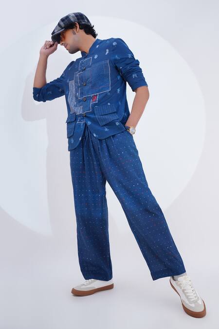 Jajaabor_Blue Linen Printed Geometric Bandhgala Jacket _at_Aza_Fashions
