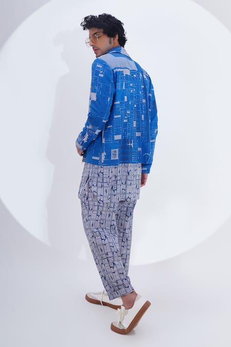 Shop_Jajaabor_Blue Linen Printed Geometric Biker Jacket _at_Aza_Fashions