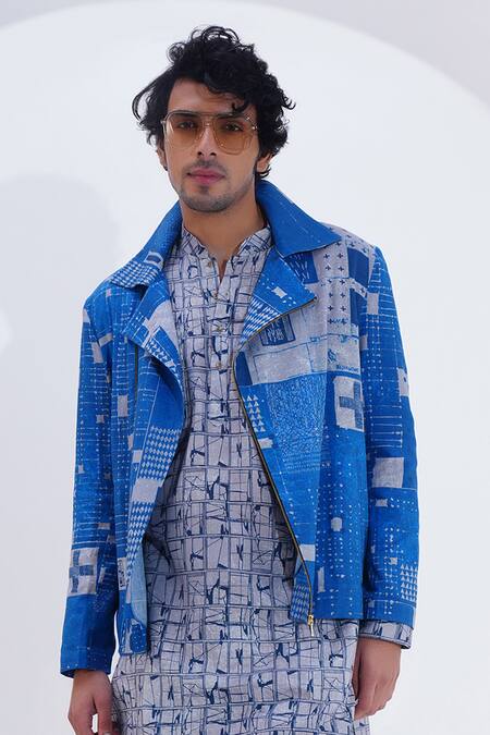 Jajaabor Blue Linen Printed Geometric Biker Jacket Online at Aza Fashions Jajaabor_Blue Linen Printed Geometric Biker Jacket _Online_at_Aza_Fashions