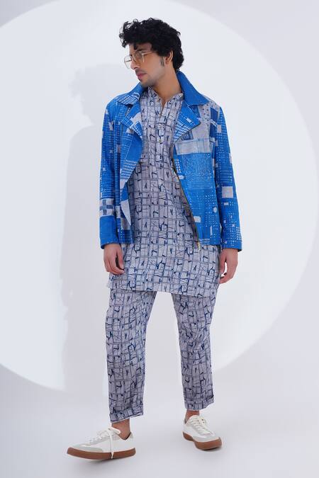 Buy_Jajaabor_Blue Linen Printed Geometric Biker Jacket _Online_at_Aza_Fashions