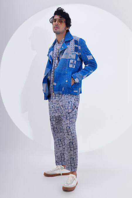 Shop_Jajaabor_Blue Linen Printed Geometric Biker Jacket _Online_at_Aza_Fashions