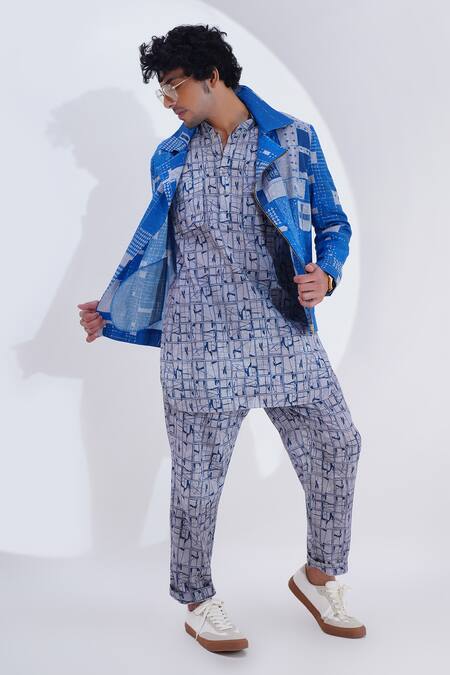 Jajaabor_Blue Linen Printed Geometric Biker Jacket _at_Aza_Fashions