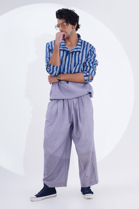 Jajaabor_Blue Linen Stripe Print Shacket _Online_at_Aza_Fashions