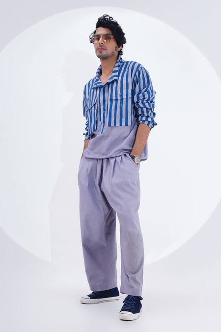 Buy_Jajaabor_Blue Linen Stripe Print Shacket _Online_at_Aza_Fashions