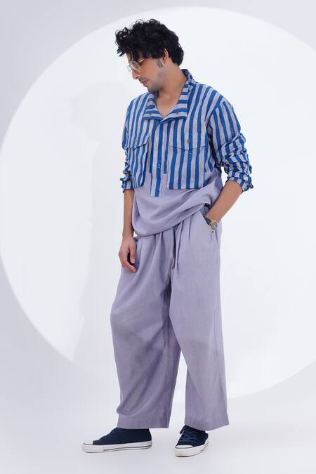 Shop_Jajaabor_Blue Linen Stripe Print Shacket _Online_at_Aza_Fashions