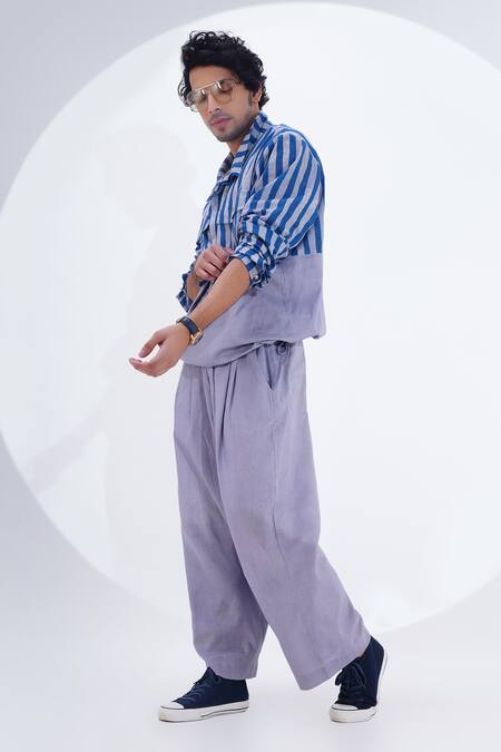 Jajaabor_Blue Linen Stripe Print Shacket _at_Aza_Fashions