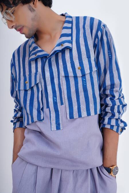Buy_Jajaabor_Blue Linen Stripe Print Shacket 