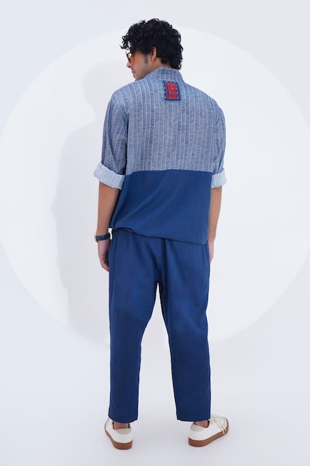 Shop_Jajaabor_Blue Linen Printed Zig Zag Shacket _at_Aza_Fashions