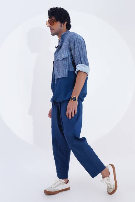 Jajaabor_Blue Linen Printed Zig Zag Shacket _Online_at_Aza_Fashions