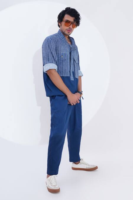 Buy_Jajaabor_Blue Linen Printed Zig Zag Shacket _Online_at_Aza_Fashions