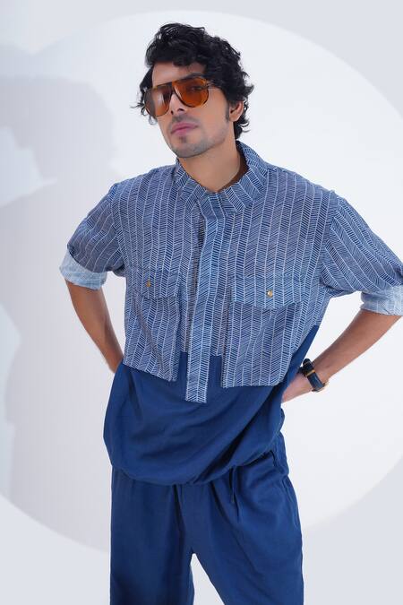 Shop_Jajaabor_Blue Linen Printed Zig Zag Shacket _Online_at_Aza_Fashions