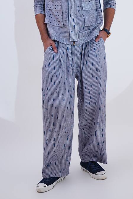 Jajaabor Blue Linen Embroidered Stripe Geometric Print Shirt And Pant Set Online at Aza Fashions Jajaabor_Blue Linen Embroidered Stripe Geometric Print Shirt And Pant Set _Online_at_Aza_Fashions