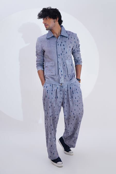 Shop_Jajaabor_Blue Linen Embroidered Stripe Geometric Print Shirt And Pant Set _Online_at_Aza_Fashions