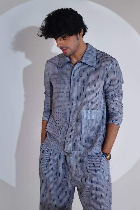 Jajaabor_Blue Linen Embroidered Stripe Geometric Print Shirt And Pant Set _at_Aza_Fashions