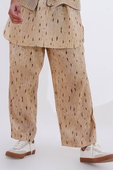 Jajaabor_Beige Linen Printed Stripe Shirt And Pant Set _Online_at_Aza_Fashions