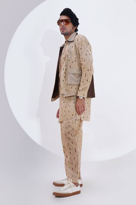 Shop_Jajaabor_Beige Linen Printed Stripe Shirt And Pant Set _Online_at_Aza_Fashions