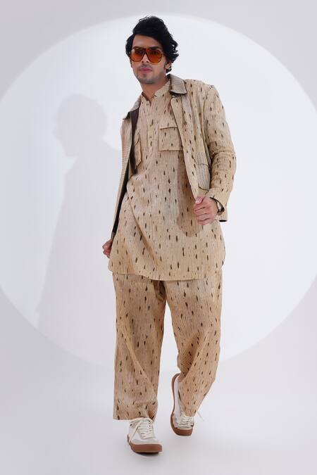 Buy_Jajaabor_Beige Linen Printed Stripe Shirt And Pant Set 