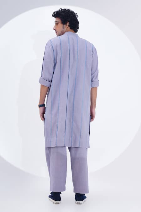 Shop_Jajaabor_Blue Linen Overlocked Panelled Kurta And Pant Set _at_Aza_Fashions