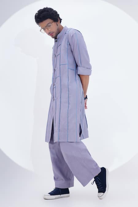 Buy_Jajaabor_Blue Linen Overlocked Panelled Kurta And Pant Set _Online_at_Aza_Fashions