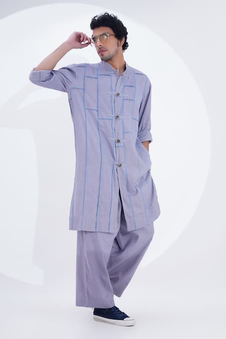 Shop_Jajaabor_Blue Linen Overlocked Panelled Kurta And Pant Set _Online_at_Aza_Fashions