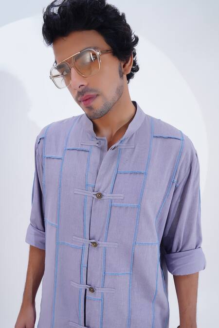 Jajaabor_Blue Linen Overlocked Panelled Kurta And Pant Set _at_Aza_Fashions