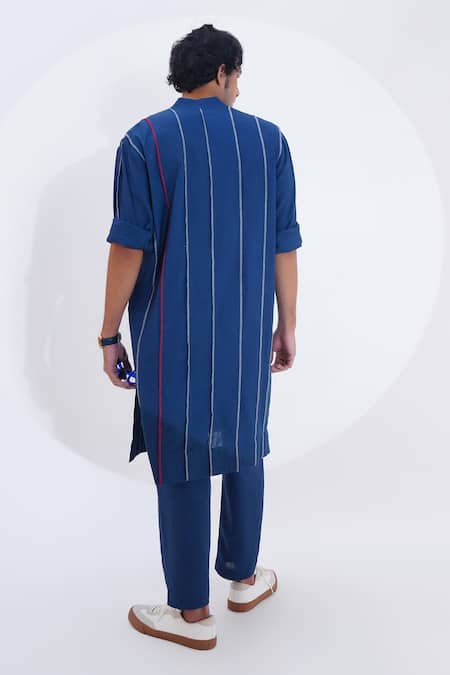 Shop_Jajaabor_Blue Linen Embroidery Printed Panelled Patchwork Kurta And Pant Set _at_Aza_Fashions