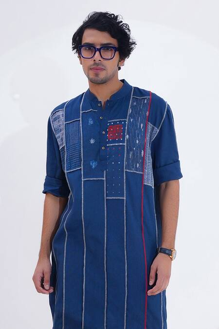 Jajaabor Blue Linen Embroidery Printed Panelled Patchwork Kurta And Pant Set Online at Aza Fashions Jajaabor_Blue Linen Embroidery Printed Panelled Patchwork Kurta And Pant Set _Online_at_Aza_Fashions