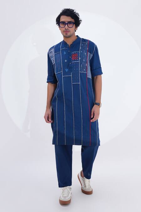 Shop_Jajaabor_Blue Linen Embroidery Printed Panelled Patchwork Kurta And Pant Set _Online_at_Aza_Fashions