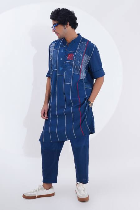 Jajaabor_Blue Linen Embroidery Printed Panelled Patchwork Kurta And Pant Set _at_Aza_Fashions