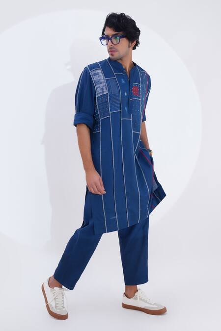 Buy_Jajaabor_Blue Linen Embroidery Printed Panelled Patchwork Kurta And Pant Set 