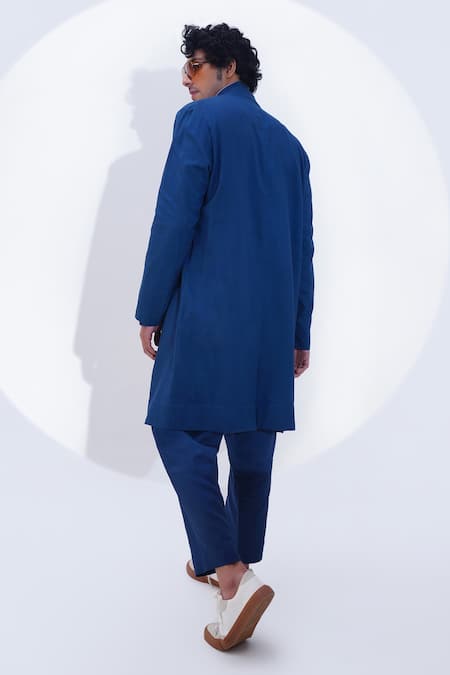 Shop_Jajaabor_Blue Linen Printed Geometric Plain Pojagi Patchwork Long Jacket _at_Aza_Fashions